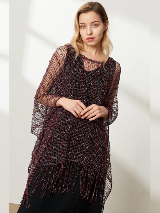 Crochet Knit Sleeved Top with Fringe